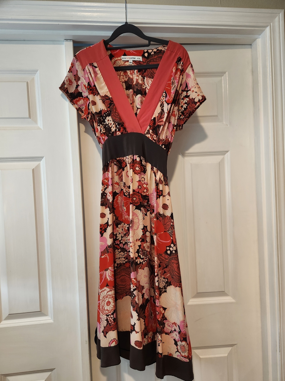 Corey Lynn Calter Floral V-Neck Midi Dress in Coral, Brown, Pink